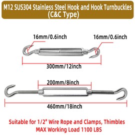 2PCS M12 SUS304 Stainless Steel Hook and Hook Turnbuckles,1/2"C C Turnbuckles,1/2" Heavy Duty Corrosion-Resistant Turnbuckles for Shade Sails, Wire Rope Tension,Marine,Guardrails Rigging.