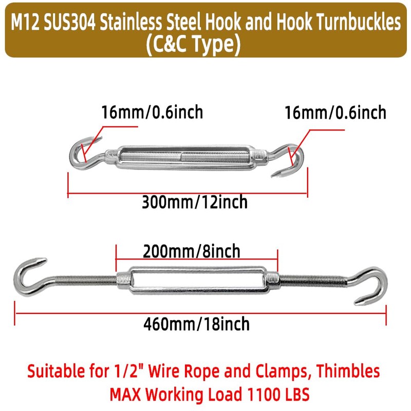 2PCS M12 SUS304 Stainless Steel Hook and Hook Turnbuckles,1/2"C C