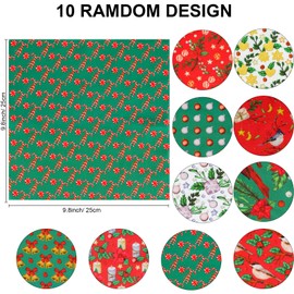 Qpout 10pcs Christmas Cotton Linen Fabric Patchwork, 9.8" x 9.8" (25cm x 25cm) Multi-Color Xmas Quilting Craft Fabric Bundles, Snowflakes Bells Fat Squares Patchwork for DIY Sewing