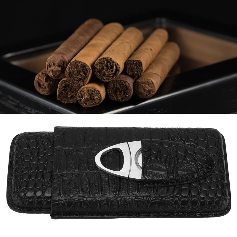 Cigar Case Portable Black Large Capacity PU Leather Caiman Pattern
