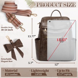 RAINSMORE Backpack Purse for Women, Leather Backpack Purse Lightweight Fashion Backpack Small Casual Daypacks Convertible Designer Ladies Shoulder Bag with Bow, Deep Brown