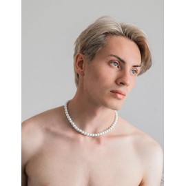 Aleasha Pearl Necklace Men's White Black 6 mm 8 mm Glass Beads Chain 50 cm Necklace Silver Women's Jewellery Wedding Gift, Faux Pearls, Natural Freshwater Pearls, 925 Sterling Silver, Stainless Steel,