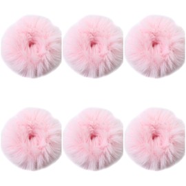 6 PCS PINK Plush Faux Fur Rabbit Hair Ties, Fluffy Scrunchy Hair Scrunchie Bobbles Elastic Hair Bands Holder Ponytail hair band Pompom Scrunchie Z6FLUPNK