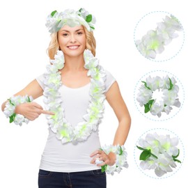 GHGMAO Hawaiian Leis Luau Party Wreath Set - Flower Necklace Headband and Bracelets, Great for Beach Wedding Birthday Holiday Hawaii Theme Party Activity Graduation Decoration (White with Leaves)