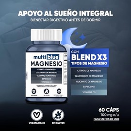 MULTIBLUE Magnesio Triple | 1,400mg por Porción | Glicinato de Magnesio, Citrato, Gluconato con Espirulina y Vitamina D3 | Apoyo Muscular, Relajación 