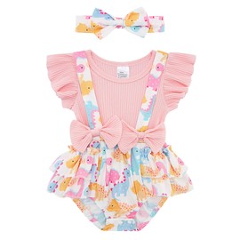 UNICOMIDEA 3-6 Months Girls Outfit Pink Dinosaur Baby Bodysuit Short Sleeves Infant Romper Bodysuit Cute Suspender Baby Girl Summer Clothes Animal Print