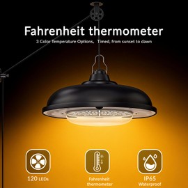 TSJKPAYL Vintage Solar Hanging Light with Adjustable Pulley & (°F) Digital Thermometer, 3-Color Dimming Industrial Shed Light, Waterproof Solar Powered Lamp for Barn, Chicken Coop, Gazebo