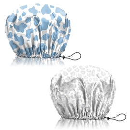 Deokke 2 PCS Shower Cap Reusable Large Waterproof Adjustable Double Layer Elastic Dry Hair Bathing Caps Aesthetic Cute for Women Girls-Blue Gray