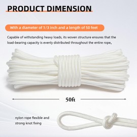 XINSHUNCAN Nylon Rope, 1/3 inch 50FT Nylon Poly Rope Utility Cord Strong Polyester for Camping, Hiking, Clothesline, Tie, Flag Pole, Marine, Outdoor Swing (8mm White)