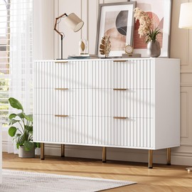 GarveeHome Fluted 6 Drawer Dresser for Bedroom, 54" Wide Modern Chest of Drawers with Deep Drawers, Large Double Dresser TV Stand, Wooden Organizer for Living Room, Hallway, Kids Room, White