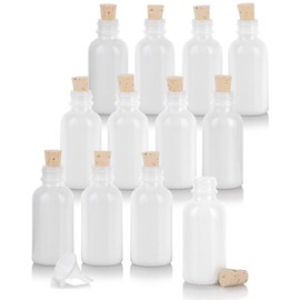 JUVITUS 1 oz Opal White Glass Boston Round Bottle BPA Free with Cork Stopper Closure + Funnel | Refillable Empty Storage Containers (12 Pack)