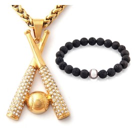 Gungneer Crosses Baseball Bat Pendant Necklace 18k Gold Plated Stainless Steel Baseball Chain Sport Jewelry Gift For Men Women