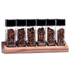 Normcore 6 Tubes Single Dose Espresso Bean Cellars, Coffee Beans Storage Tube Vial Vault with One-Way Exhaust Valve, Glass Coffee Bean Capsules With Genuine American Walnut Display Stand