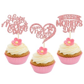 24 piezas de decoración para magdalenas del Día de la Madre con brillantina, corazón, rosa, amor, madre, mejor mamá, cupcakes, para el Día de la Madre, tema de mujeres, fiesta de cumpleaños, suministros de decoración de tartas, color oro rosa