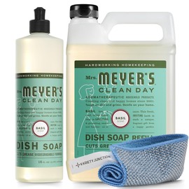Mrs. Meyer's Basil Dish Soap Set - 16oz Bottle, 48oz Refill, and Dual-Sided Microfiber & Scrubbing Towel