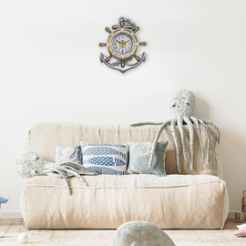 SENYURI Anchor Clock, Nautical Ship Wheel Rudder Outdoor Wall Clock, 12 Inch x 15 Inch Beach Sea Mediterranean Style Decorative Clock for Living Room, Bedroom, Patio, Porch, Pool, Garden