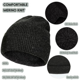 XYLENCO Oversized M/L/XL/XXL Merino Wool Beanie for Men & Women, Warm Fleece Lined Knit Winter Hat, Cuffed Ski Skull Cap Black Gray