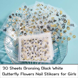 30 Sheets Luxury Nail Art Stickers Black White Gold Flowers Different Bronze Lines Butterfly Star Rose Heart Shape, 3D Self-Adhesive Nail Decals for Women Girls Kids (Pack of 1) (Group F)