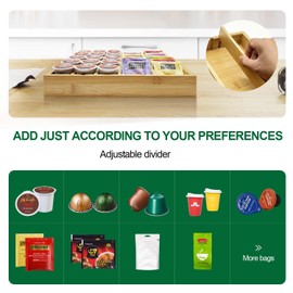 Bayting Bamboo K Cup Holder, Coffee Pod and Tea Bag Organizer for Drawer or Countertop, Adjustable K Cup or Tea Bag Organizer for Coffee Station, Up to 30 K Cups