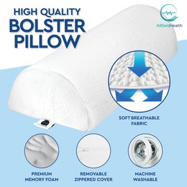 AllSett Health Half Moon Bolster Pillow for Legs, Back and Head (2 Pack) Semi Roll for Ankle and Foot Comfort with White Cotton Machine Washable Cover | Premium Memory Foam | 2 Pillow System