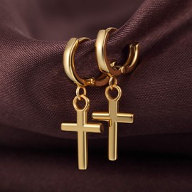 JiaYang Sterling Silver Cross Dangle Earrings Highly Polished Crucifix 10 mm Hoop Earrings Religious 18K Gold Plated Hanging Large Cross Jewellery for Men Women, Sterling Silver, Cubic Zirconia