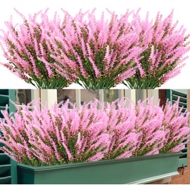 TEMCHY Artificial Outdoor Lavender Flowers 12 Bundles No Fade UV Resistant Fake Plastic Flowers Faux Plants for Garden Porch Window Box Wedding Indoor Home Décor (Pink)