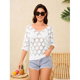 Jiflora Women Spring Summer 3/4 Sleeve Crochet Top Off Shoulder Sweater for Women Lightweight Beach Coverups White L