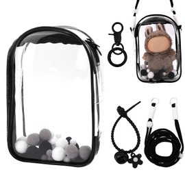 Tinoaly Clear Figure Display Case, Protective Case for Plush Doll Storage Bag Holder Portable Crossbody PVC Hanging Doll Cover Pouch with Keychain for 15cm/17cm Dolls Accessories (Black)