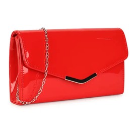 UShopUK Red Medium Plain Patent Leather Wedding Evening Party Clutch Handbag Shoulder Bag, red