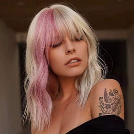 FAELBATY Short Blonde Wig Highlight Pink Wigs with Fringe Women's Blonde Mixed Pink Bob Wig Curly Wave Synthetic Cosplay Wig Costume Wigs (12 Inches Blonde Mixed Pink)