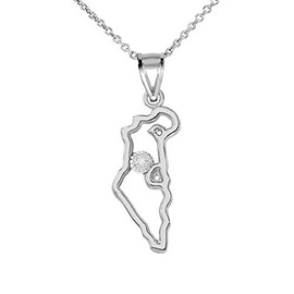 925 Sterling Silver Jewish Charm Outline Map Of Israel CZ Pendant Necklace, 16"