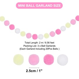 PATIKIL 3個のポンポンガーランド、6.5フィートの装飾用ガーランドボールバナー、ハロウィン感謝祭クリスマス結婚式誕生日パーティールーム用、ホワイトピンククリームライトピンク