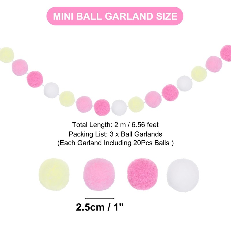 PATIKIL 3個のポンポンガーランド、6.5フィートの装飾用ガーランドボールバナー、ハロウィン感謝祭クリスマス結婚式誕生日パーティールーム用、ホワイトピンククリームライトピンク