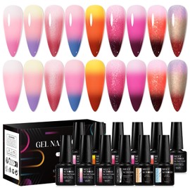 MEET ACROSS 12 Pcs Color Changing Rubber Base Gel Set, Mood Temperature Change Builder Base Nail Gel with Super Top Coat, Prep Dehydrator and Nail Primer, 2-in-1 Soak Off Base Gel Nail Strengthener
