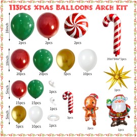 Christmas Balloons Arch Garland Kit, 113 Pack Xmas Red White Green Balloons, Candy Cane Balloons, Gingerbread Man Balloons, Gold Explosion Star Balloons for Birthday New Year Winter Holiday