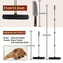 Rubber Broom and Pet Hair Removal Brush Set for Carpet,Fur Remover Rake with Squeegee,Lint Brush for Pet Dog Cat Hair