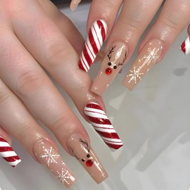 Christmas Press on Nails Long Coffin Fake Nails Red White Swirl with Snowflake Elk Design Glue on Nails Rhinestones Glitter Full Cover Artificial Acrylic Stick on False Nails for Women Manicure 24Pcs