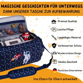 bunnyboo Toniebox Bag for 30 Hearing Figures - Ideal Tonie Storage - Tonie Bag XXL - Enough Space for Toniebox, Hearing Figures, Charging Cable and Headphones - Includes Shoulder Belt (Astronaut)