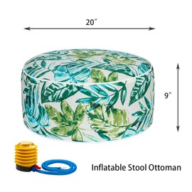 FUNHOME Inflatable Outdoor Ottoman with Air Pump,20"x9" Portable Patio Pouf,Waterproof&Fade-Resistant,Round Blow Up Footrest Stools for Home Garden Camping Travel(Palm Leaf)