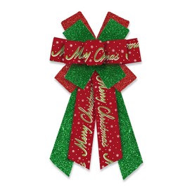 Large Christmas Wreath Bows Merry Christmas Words Decor Bows Glitter Green Red Ribbon Bows for Wreath, New Year Tree Topper Bows for Xmas Party Decoration Home Indoor Outdoor Wreath Ornament Supplies