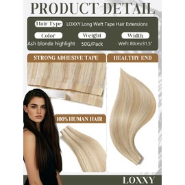 Loxxy Long Human Tape in Hair Extensions - 18 Inch Seamless Human Extensions Tape ins 50g - One Piece Invisible Remy PU Weft Hair, Wide Weft 31.5" (80cm), Golden Blonde to Light Blonde Color