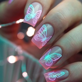 24PCS Press on Nails Short Square Fake Nails with Gradient Butterfly Designs Cute False Nails Full Cover Glossy Stick Spring Summer Glue Acrylic Artificial for Women Daily Wear