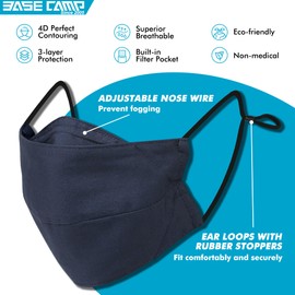 BASE CAMP Reusable Cloth Face Masks 100% Cotton Washable Adjustable Breathable Fabric Mask with Filter Pocket (1Black+1Blue)