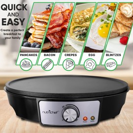 nutrichef Electric Crepe Maker Pan & Griddle, 12 Inch Nonstick Cooktop, LED Indicators & Adjustable Temperature Control, Includes Spatula, Batter Spreader, Cooks Crepes, Roti & Pancakes