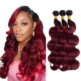 BilltiiWW Ombre 1B99j Body Wave Bundles Two Tone Black Mixed With 99j Body Wave Bundles Brazilian Human Hair Weave Soft and Silky for Women 16 18 20 Inch