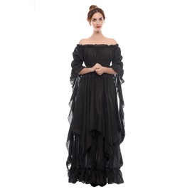 LTAKK Renaissance Dress Medieval Costume Victorian Dresses Women Peasant Gothic Fairy Witch Wedding Under Dress, Black, XXL/3XL