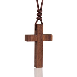 Holy Fringe Natural Walnut Wood Cross Necklace for Men & Women - Small Wood Cross Pendant Necklace for Car Mirror - Wooden Religious Pendant Jewelry (1.5" x 0.94")