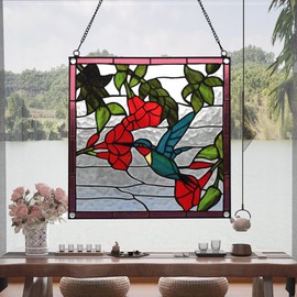 YOURANJU Stained Glass Window Hanging Handicraft 12" Tiffany Animal Style Hummingbird Windows Suncatcher Square Glass Window Panel Perfect Window Hangings Housewarming Gift (With Chain Hook)