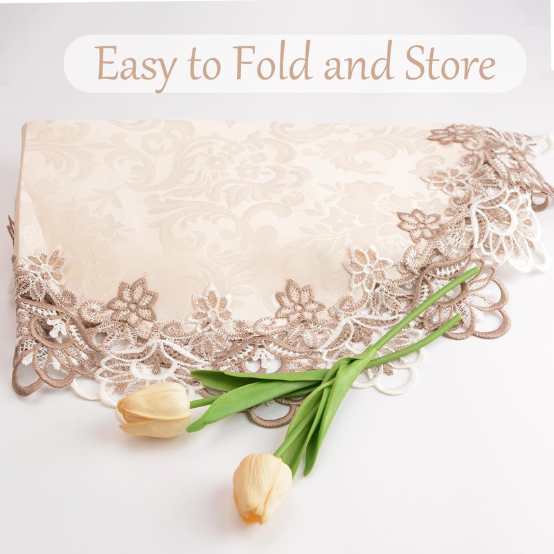 URROMA Linen Round Beige Table Cover with Lace Trim, Coffee