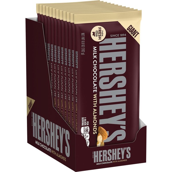 HERSHEY'S Milk Chocolate with Almonds Giant Candy, 6.8 Ounce (Pack of 12)